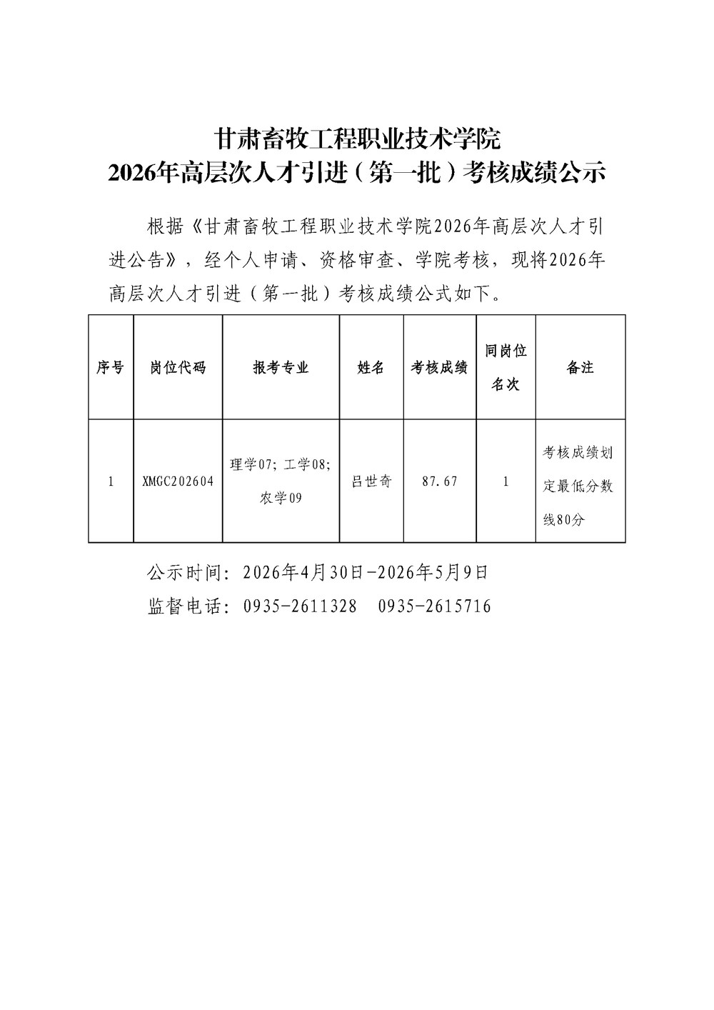 考核成绩公示